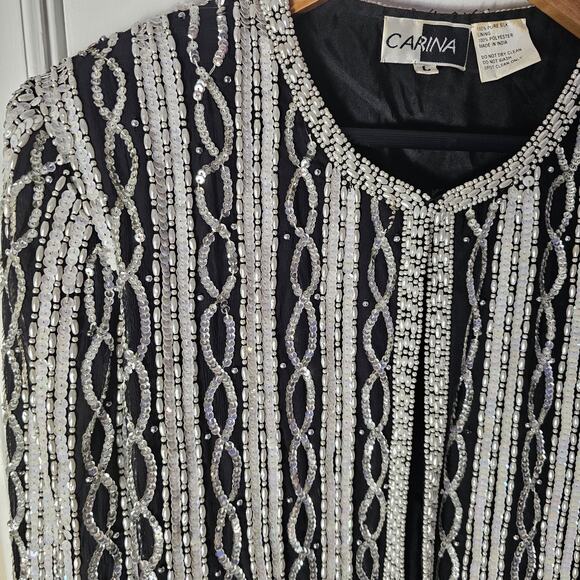 VTG Carina Silk Sequin Beaded Blazer Sz Lg Silver Black Holiday Evening Jacket - Picture 2 of 8